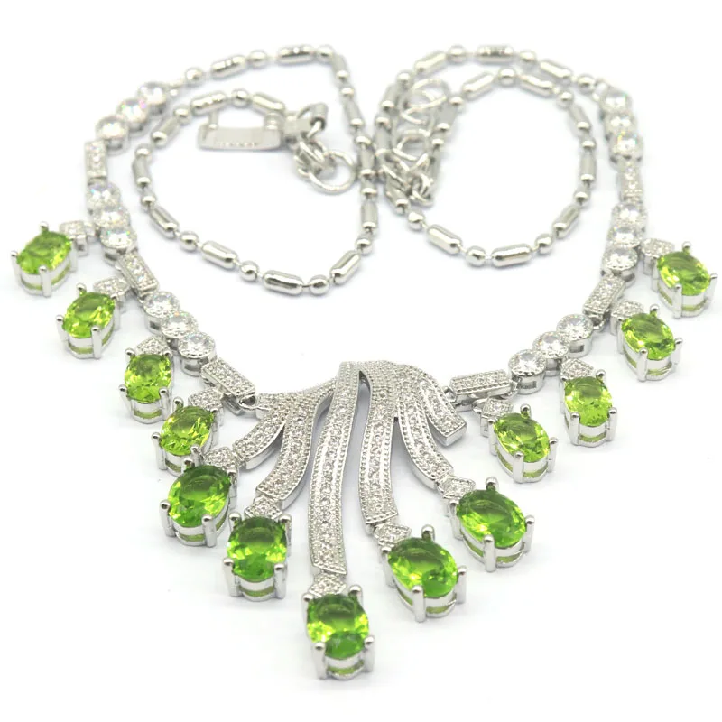 41x27mm Eye Catching 22.2g Green Peridot Pink Kunzite Green Amethyst CZ Woman's Engagement Silver Necklace 17.5-18.5inch