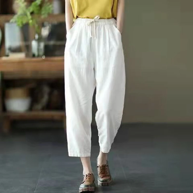 

Summer Cotton Linen Pants Women's Leisure Multi color Breathable Lace up Waist Elastic Waist Loose Pants streetwear women 2023