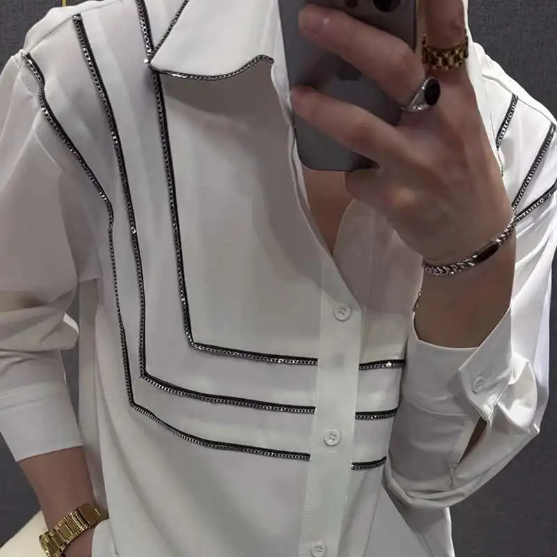 

Fashion Zipper decorate Lapel Shirts Men Long Sleeve Streetwear Chemise Homme Fall Social Party Tuxedo Nightclub Clothing