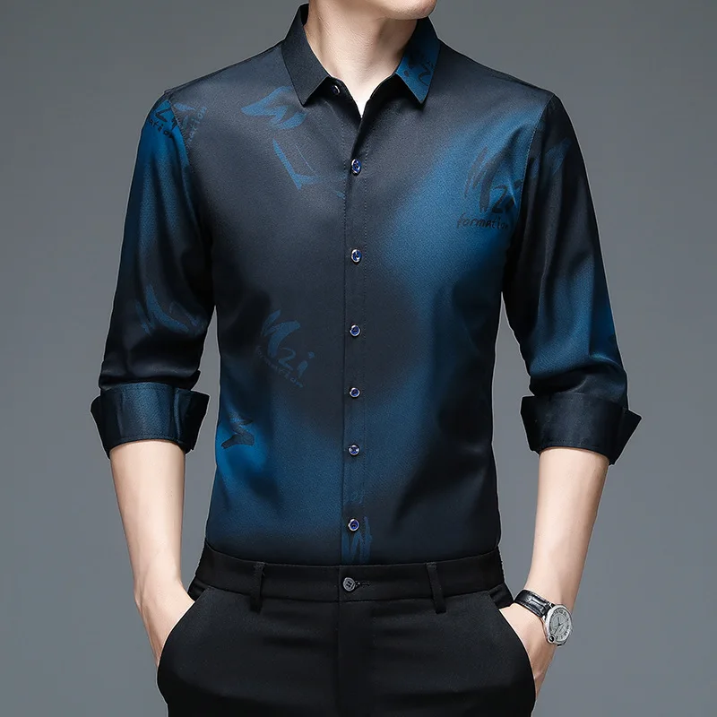 Chemise boutonnée imprimée à manches longues pour hommes, chemises d'affaires décontractées, revers, mode coréenne, haute qualité, bureau en Y, printemps, automne