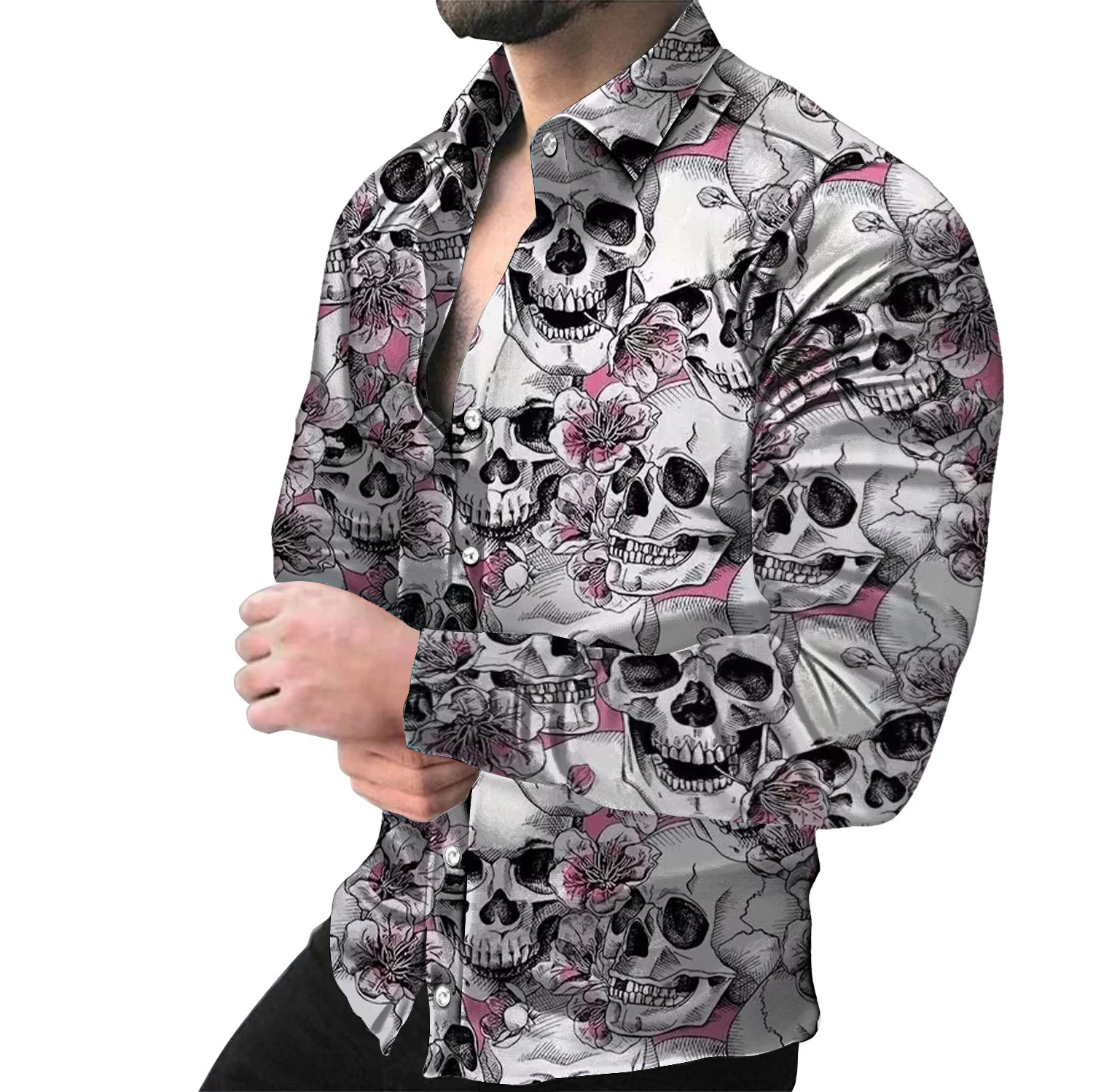 Camisa masculina de manga comprida com botões, estampa 3D caveira completa, moda primavera e outono, presente especial