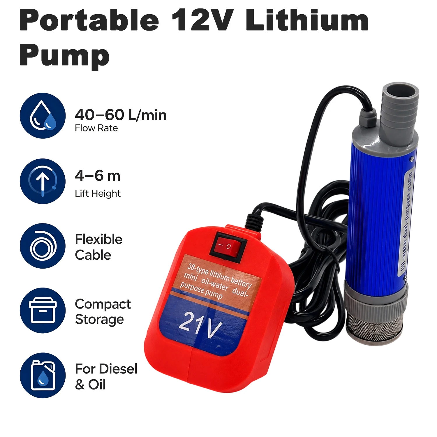 Portable 12 V Lithium Pump for Diesel and Water with 40 60 L/min Flow Rate Designed for 18 V Batteries Compact and Easy to Use