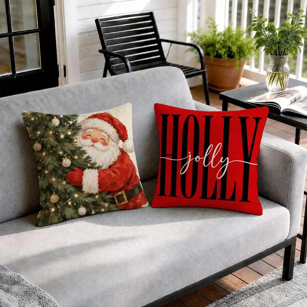 Santa Snowman Christmas Tree Cushion Cover Natural Linen Organic Fabric Double-Sided Printing Sofa Home Decor Gift Pillow Cover