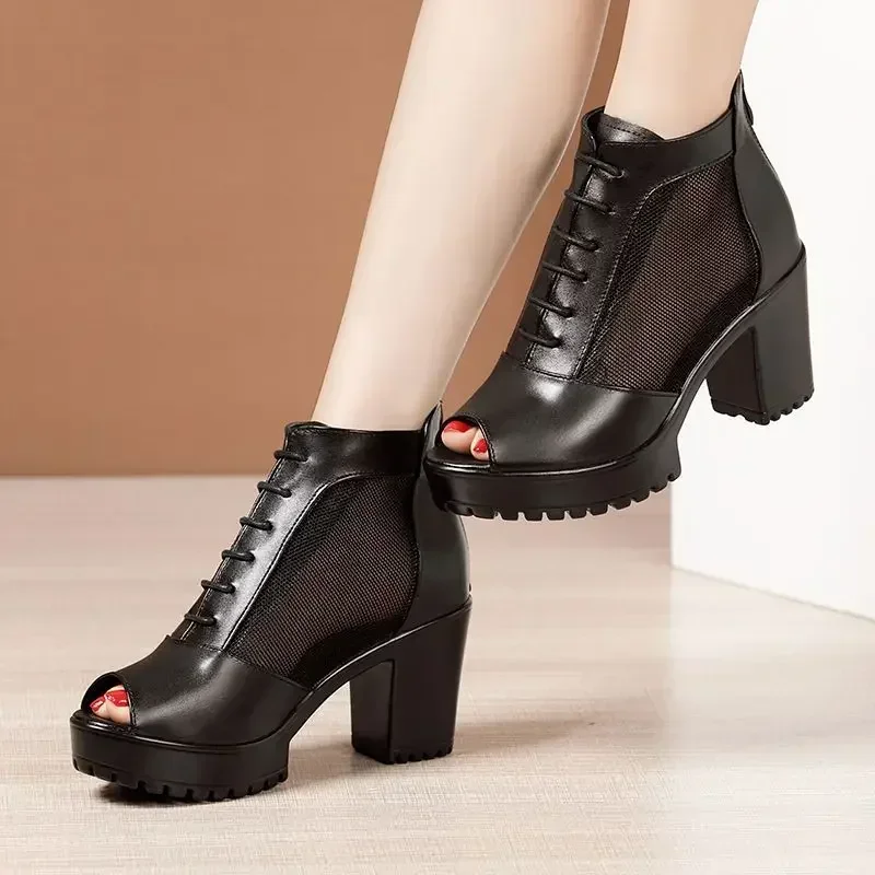 8cm Small Size 32-43 Elegant Mesh Block High Heels Shoes Summer 2024 Thick Bottom Genuine Leather Ankle Boots for Office Mom