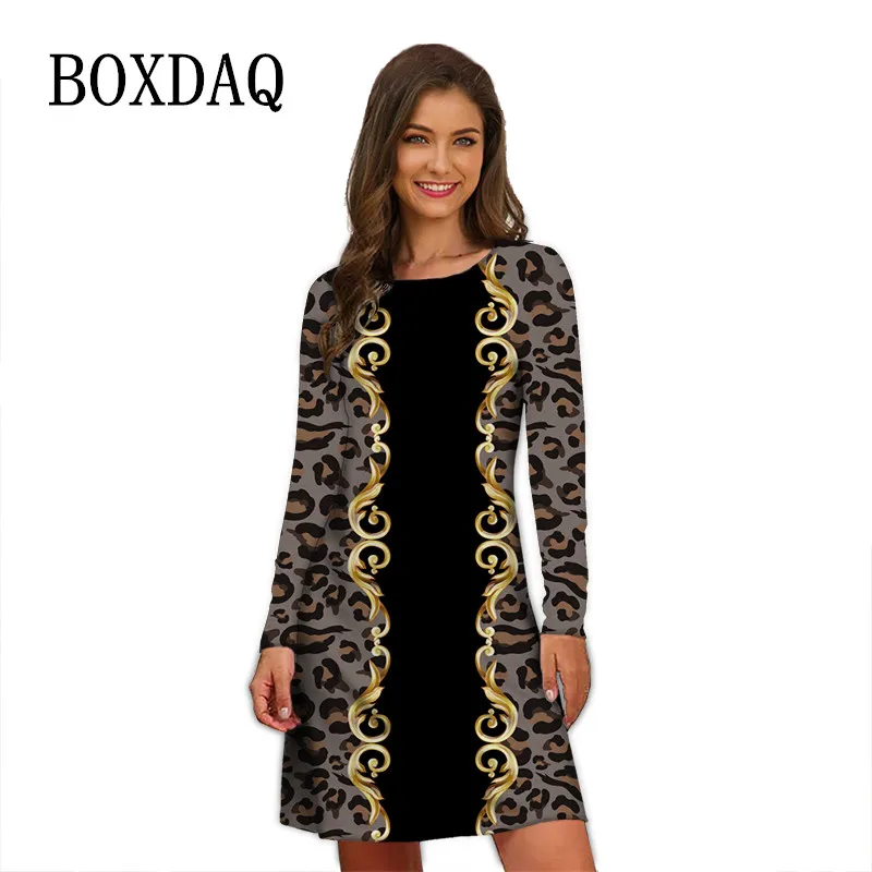 Elegant Leopard Print Women Dresses For 2022 Autumn Fashion Long Sleeve Loose Oversize Clothing Vintage Casual Mini A-Line Dress