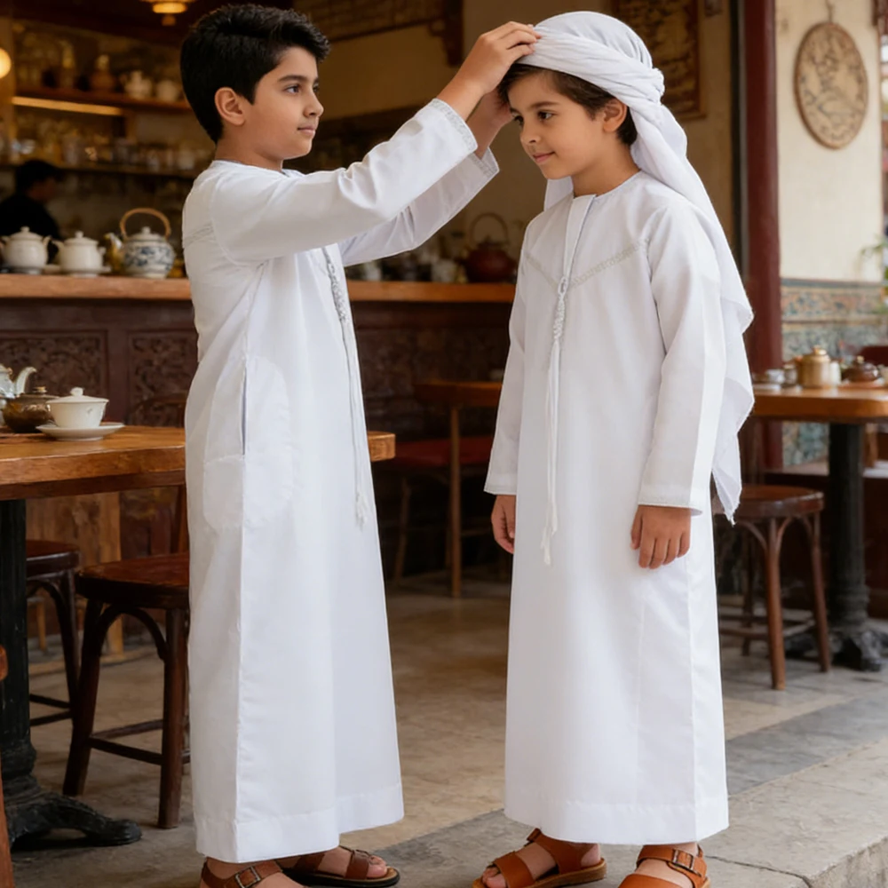 Eid Muslim Boy Jubba Thobe Long Sleeve White Arabic Robe Kaftan Kids Abaya Tassel Islam Clothing Daffah Dishdasha Caftan Thoub
