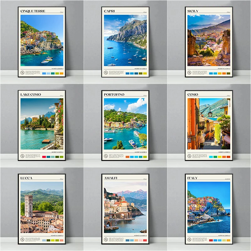 Póster de paisaje de viaje de Italia, pintura en lienzo Portofino, arte de pared, imagen para oficina, decoración del hogar, Venecia, Calabria, lago Como Florencia, Roma