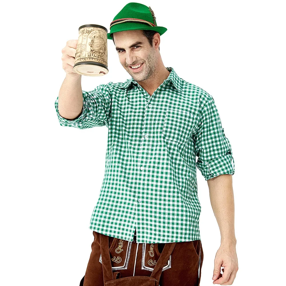 

M-XXМужской немецкий Октоберфест Lederhosen костюм с коротким рукавом клетчатая рубашка подтяжки шляпа комплект пивной фестиваль мужской косплей Хэллоуин