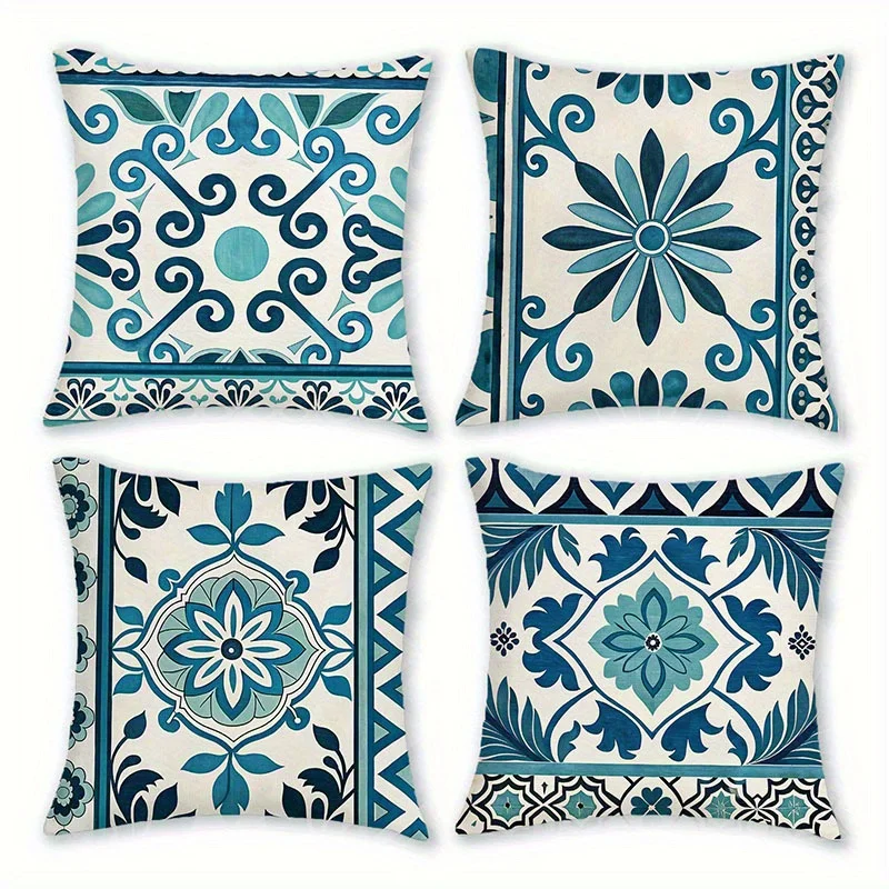 4Pcs Coastal Tile Pillow Covers Teal Floral Geometric Vintage Mediterranean Print Cushion Cases For Couch Soft Boho Home Decor