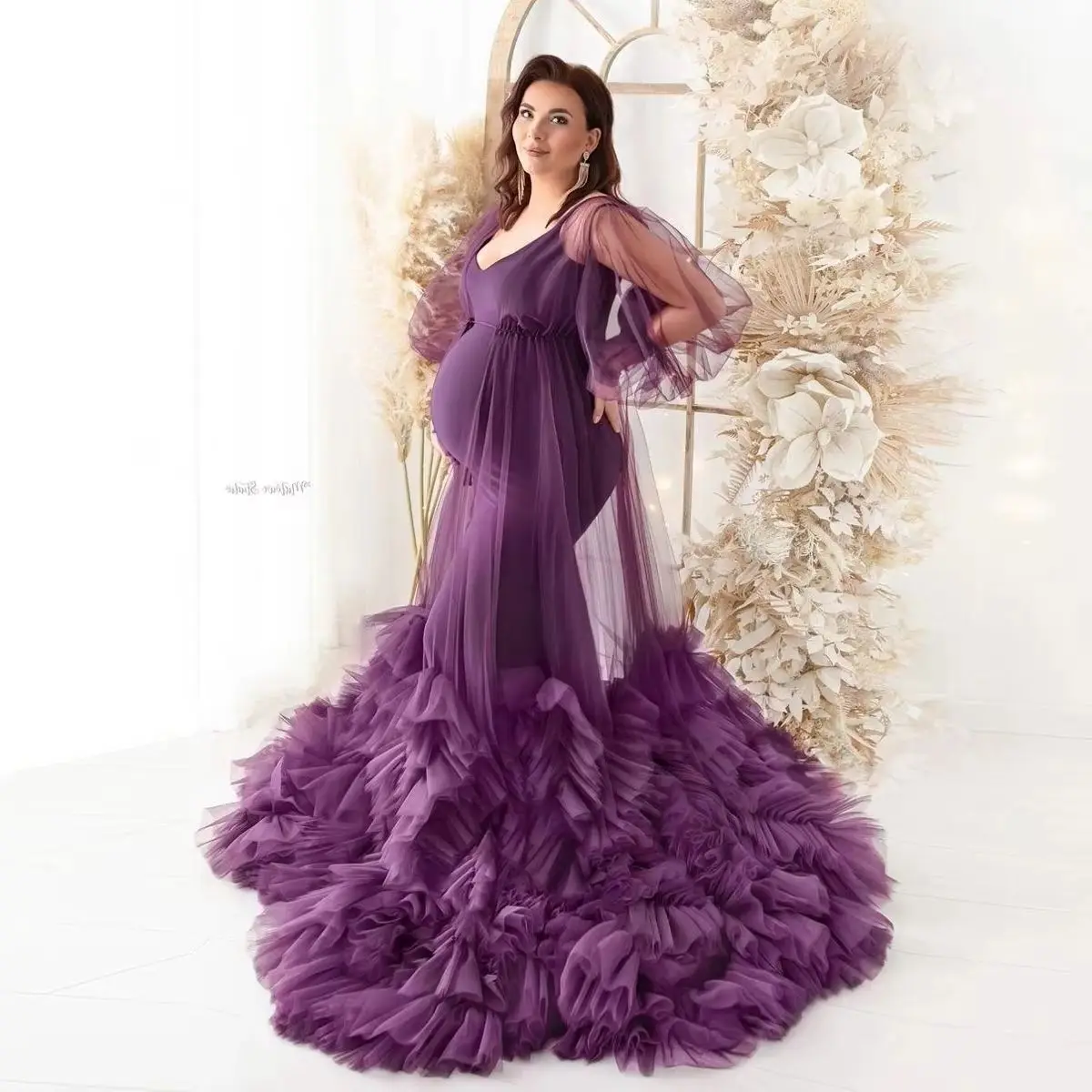 

Photo Shooting Pregnancy Dress Purple Layered Tulle Maternity Long V-neck Puffy Sleeves Elegant Maternity Dress Photoshoot