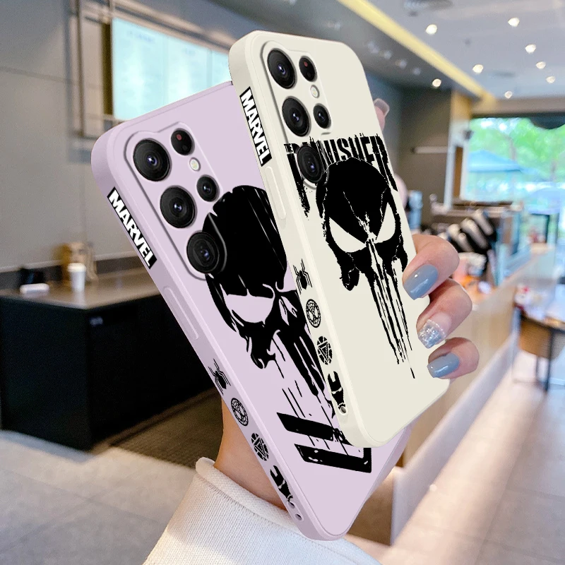 Luxury Marvel Punisher Logo Liquid Left Rope For Samsung Galaxy S24 S23 S22 S21 S20 FE S10 Ultra Plus Lite 5G Soft Phone Case