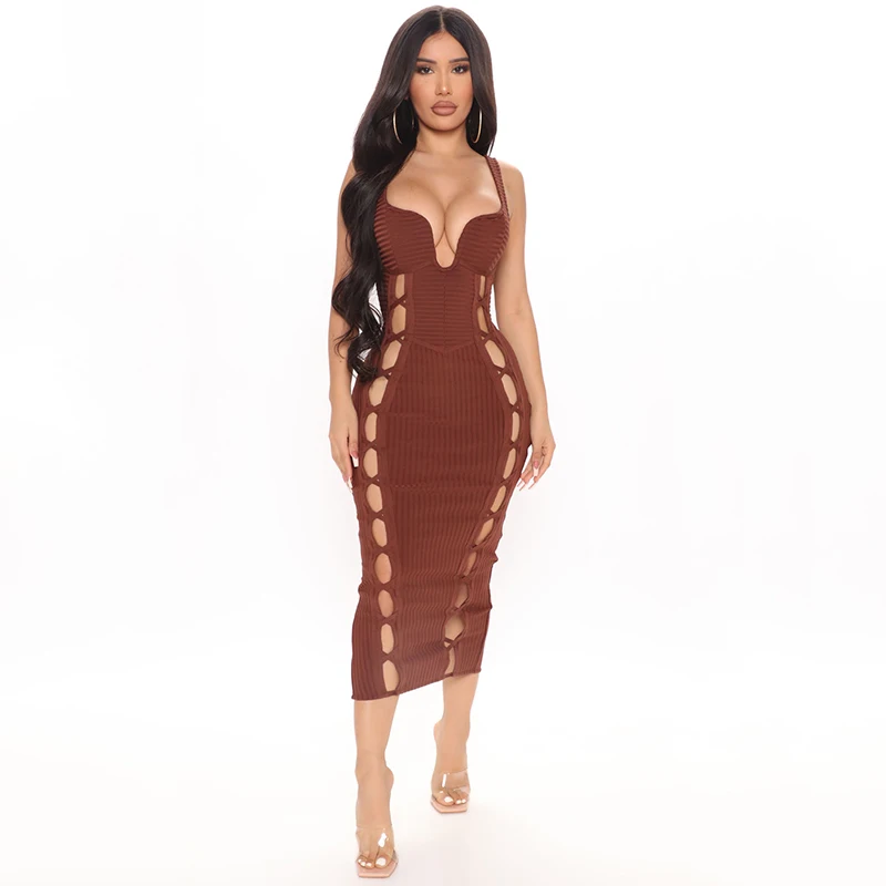 Sexy Hollow Out Blue Bandage Dress Women Summer 2024 Strap Low Bust Rib Midi Dresses Elegant Party Club Evening Vestidos BA326