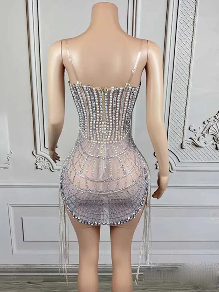 Wysokiej jakości seksowna sukienka bez ramiączek z gorącymi koralikami i frędzlami 2025 Nowa moda na zamówienie Odzież damska