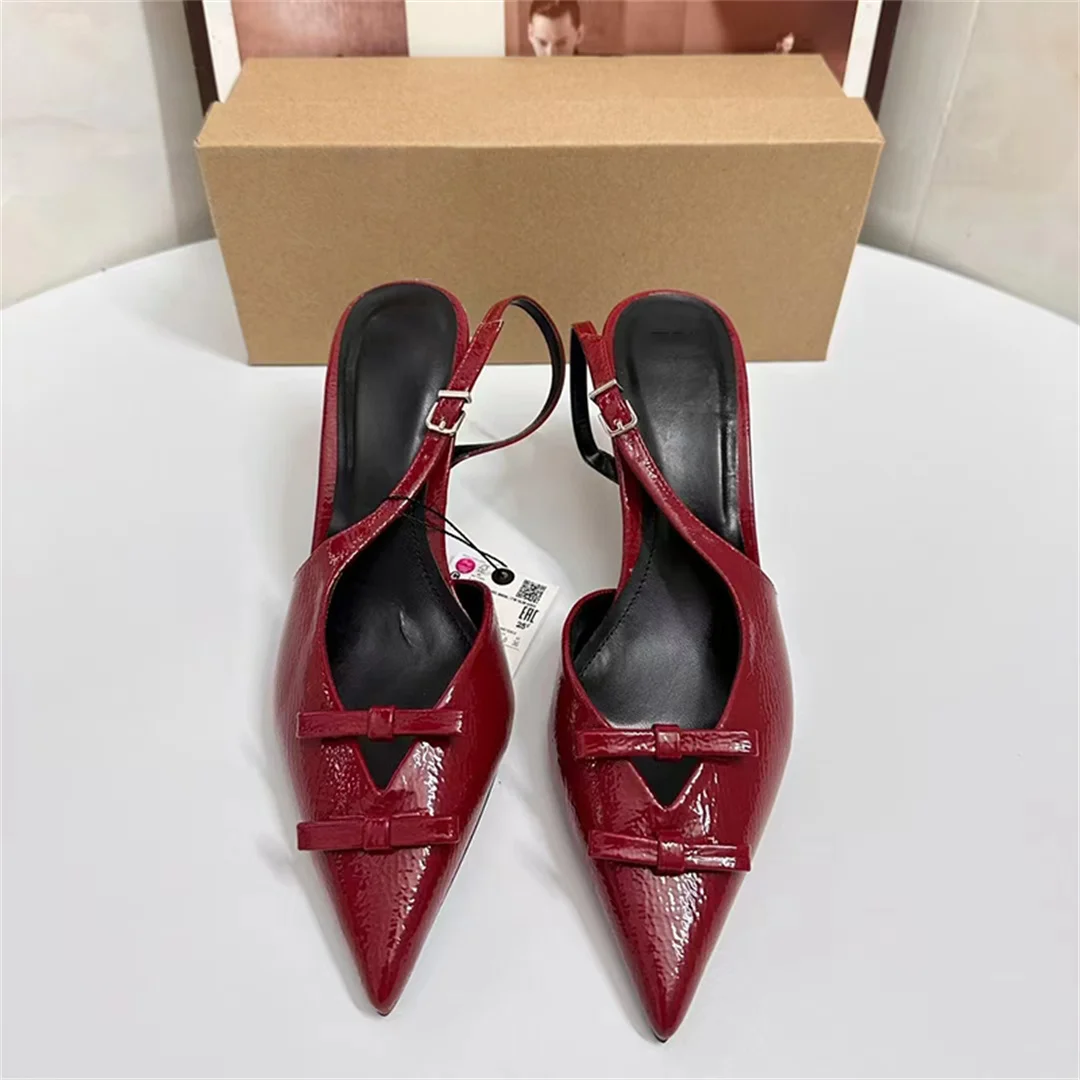 Red Bow Knots Stilettos Sandals For Women Pointed Head Thin Mid Heel Slingbacks Shoes Women's Texture Patent Leather Pumps