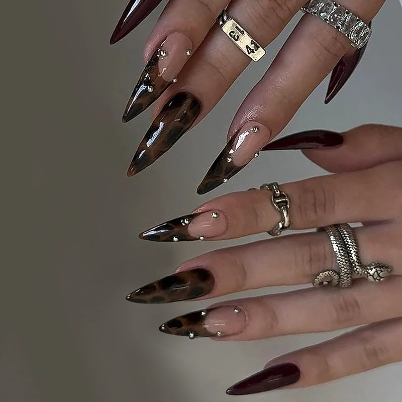 

24pcs Long Stilleto Press on Fake Nail Leopard Print Design False Nails with Golden Foil Wearable French Full Cover Nail Art Tip