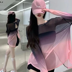 Summer Fashion Vintage Women Shirts Sexy Tops Hollow Backless Strap T-shirt Thin Gradient Ice Silk Loose Sunscreen Clothing