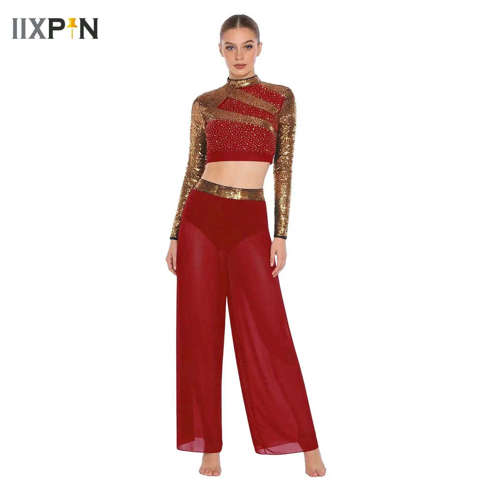 

2 Piece Modern Lyrical Dance Costume Sequins Rhinestones Crop Top and Wide Leg Pants Dance Outfit Contemporary Ballet Dance Wear