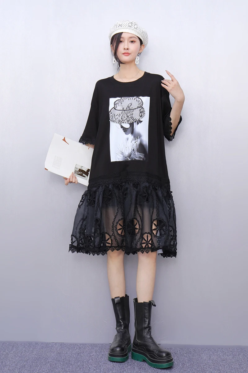 春夏の新ファッションエレガントなパッチワークレースルーズロングドレス女性半袖 Tシャツドレスレディース卸売 J958