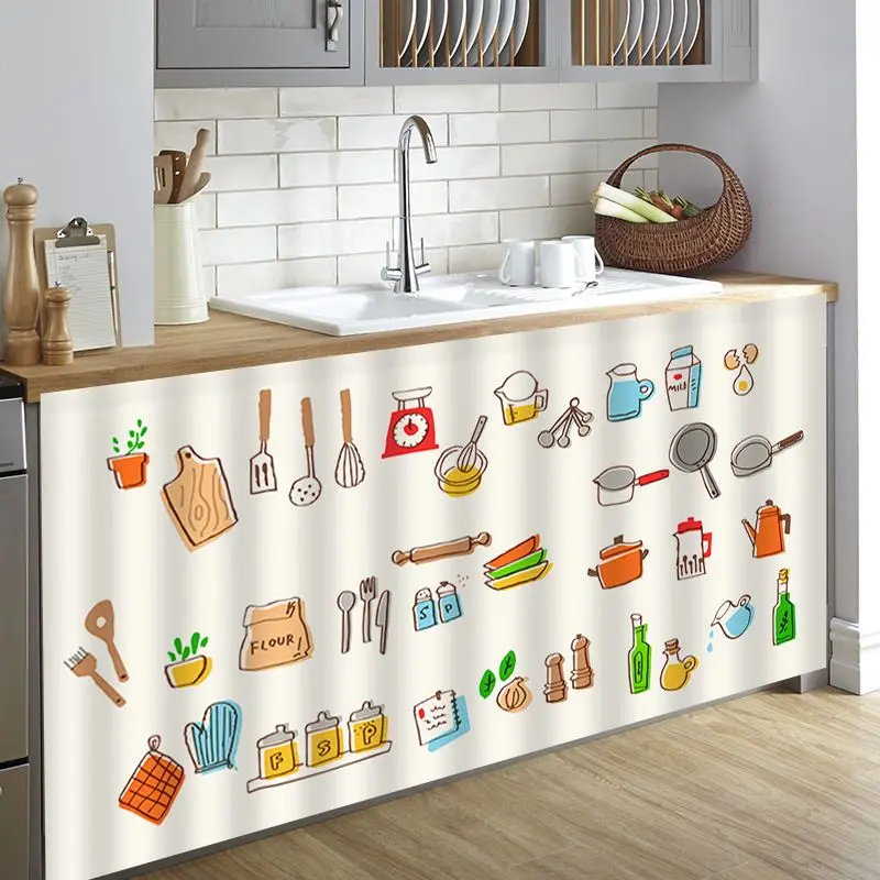VIKAMA Single Magic Tape Counter Curtain Cartoon Kitchen Gadget Print No Drill Dust Cover For Sink Cabinet Decor