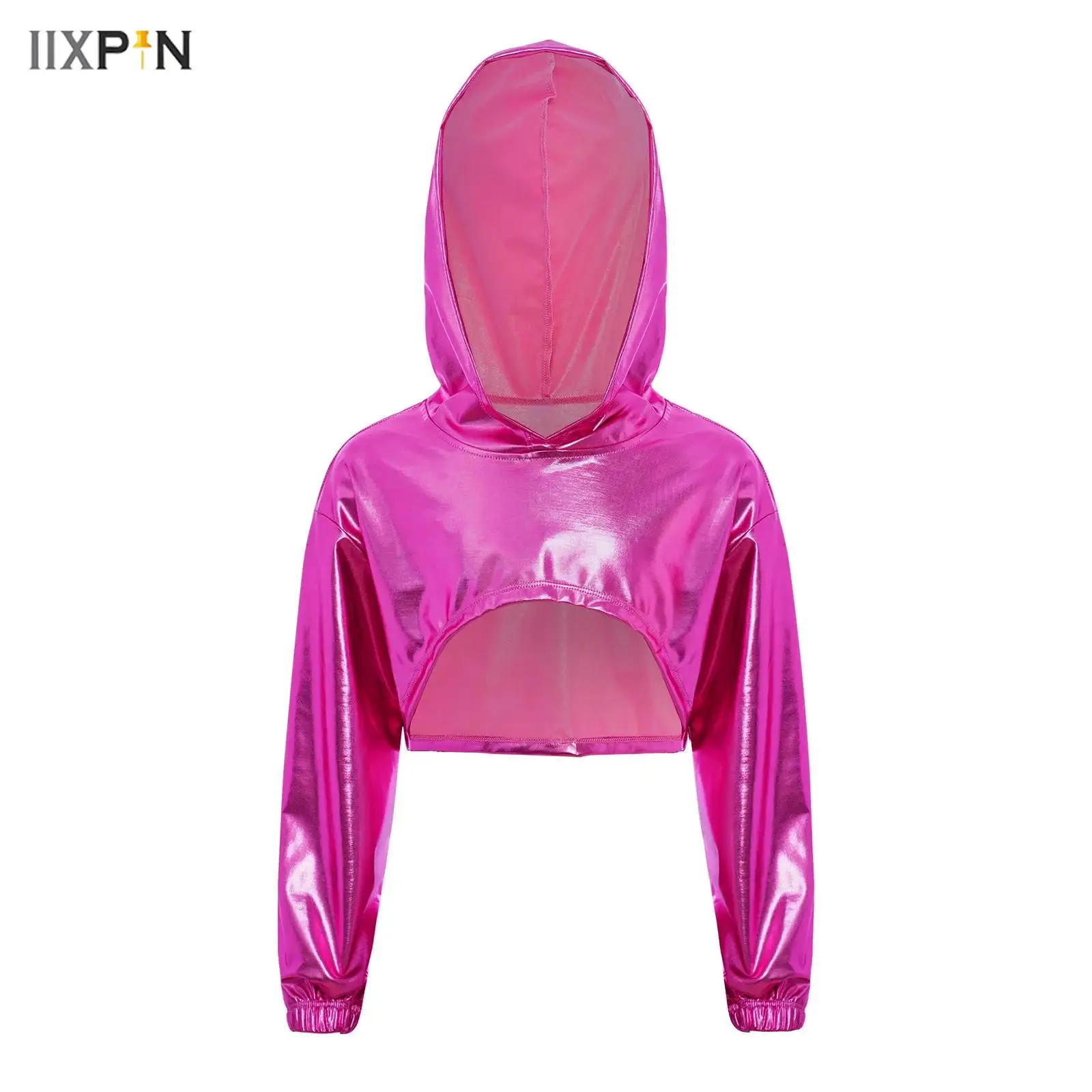 

Kids Girls Metallic Hoodie Coat Hip-Hop Jazz Dance Performance Costume Long Sleeve Asymmetrical Cropped Hooded Top Streetwear