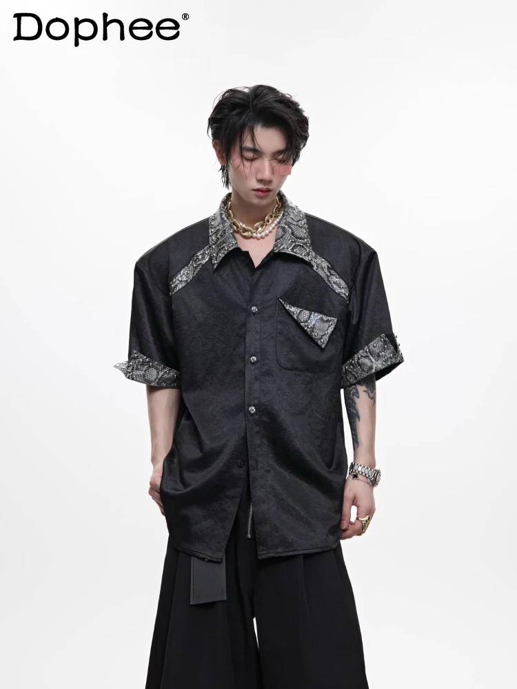 

Men's 2025 Summer New Niche Snake Pattern Leather Splicing Shirts Metal Rivet Design Cool Short-sleeve Tops Male Handsome Shirts