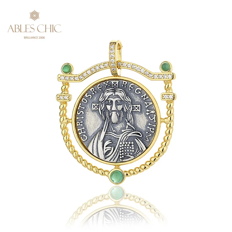 Ables Chic Justinian II Greek Silver Coins Charm Natural Agate Solid 925 Silver Roman Coin Shield Pendant Only N1013