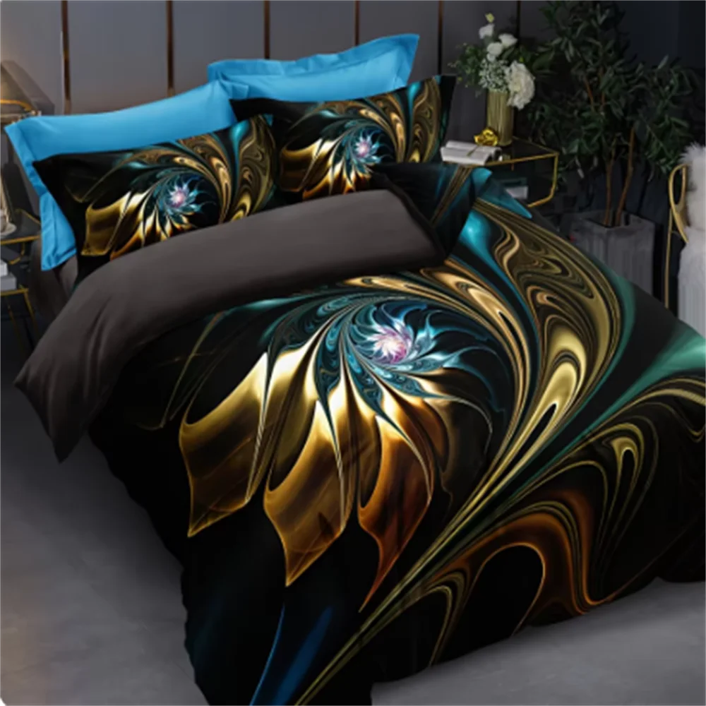 Modern Fashion Duvet Cover Set (1*Duvet Cover + 2*Pillowcase Black And Golden Floral Bedding Set Soft Comfortable Duvet Cover