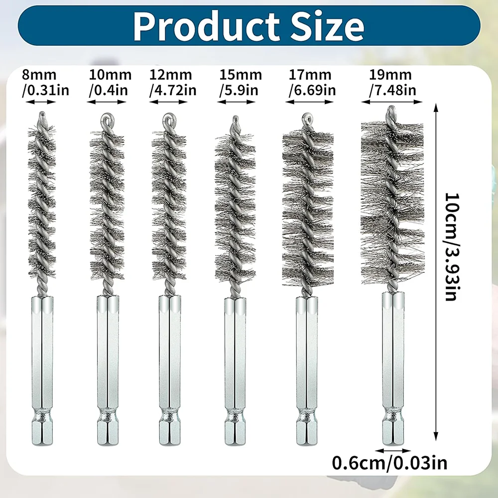 8/10/12/15/17/19mm Stainless Steel Pipe Cleaning Brush Set 1/4\