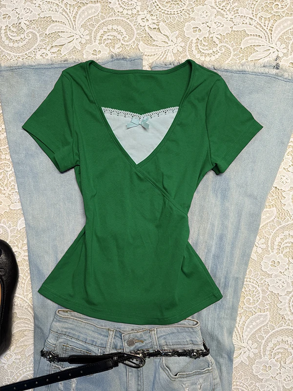 Original bleu v-ne ort Sve T-irt femme été couleur Blo Design beau petit haut mélange de coton Faionable