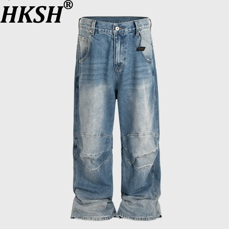 

HKSH Spring Summer Autumn Men Trend Casual Straight Unisex Fashion Denim Pants Fit Wrinkled Faded Washed Distressed Jeans HK7929