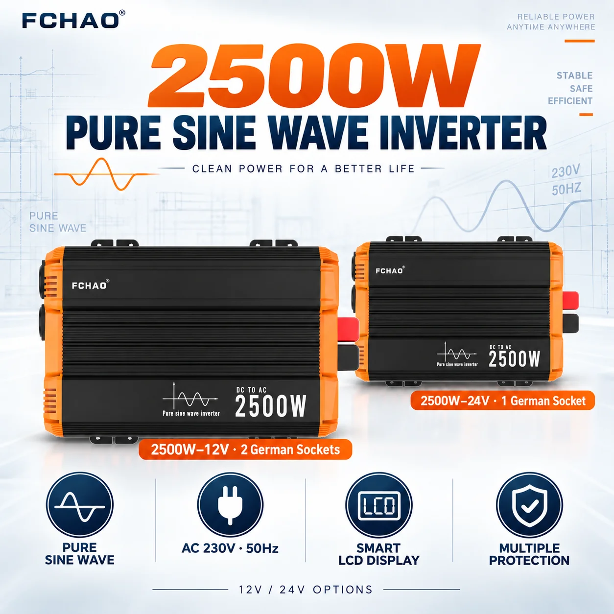 Inverter a Onda Sinusoidale Pura Fchao 2500W, da 12V o 24V DC a 230V AC, 5000W di Picco, Display LCD, Presa Tedesca 50Hz per Camper, Campeggio, Backup Domestico
