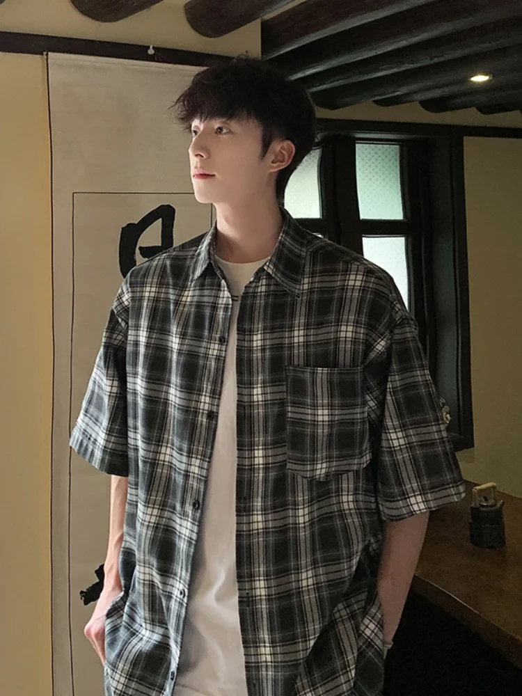 

Men's Plaid Shirt Loose Fit Summer Thin Short Sleeve Chic Retro Hong Kong Style Outerwear Youth Fashion Basic Style Regular L...