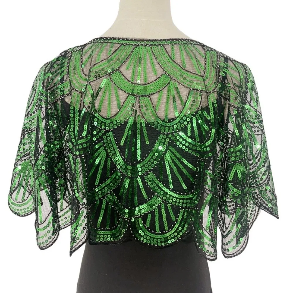 Elegant Ruffle Design Poncho Coat Mesh V-neck Short Cape See-through Blingbling Sequins Flapper Shawl Wrap