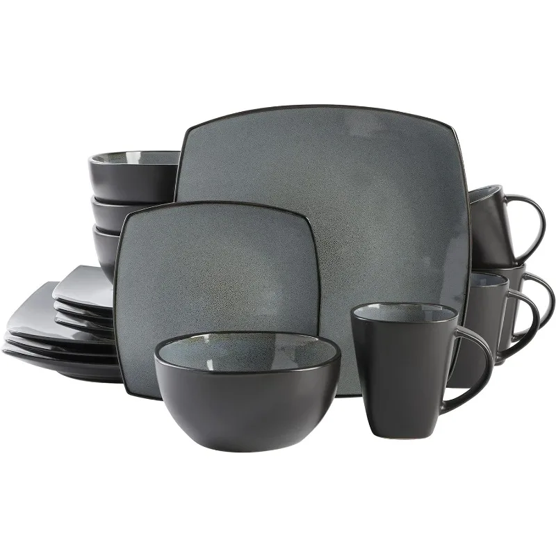 Square Reactive Glaze Stoneware Dinnerware Set, Service for 4 (16pc), Eclipse 1