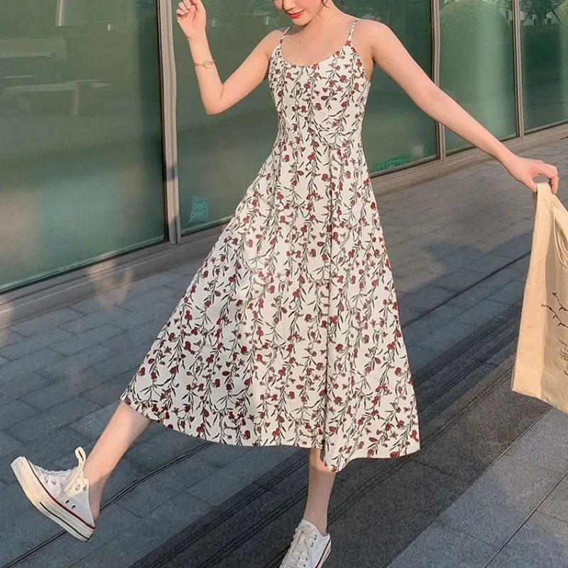 

Women's Clothing Pullover Summer Camisole Slash Neck Sleeveless Plant&Flowers Printing Vacation Knee Skirts Korean Dresses