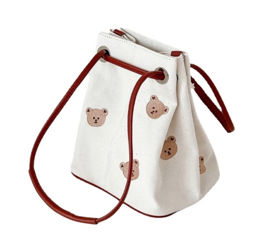 Personalized Name Cute Little Bear Embroidered Bucket Bag One Shoulder Canvas Bag Organ Handheld Mommy Bag