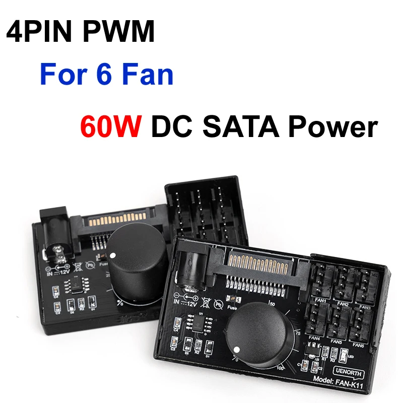 60W 12V PC ordenador 4P PIN PWM 6 controlador de velocidad del ventilador Hub de alta potencia DC Sata potencia servidor NAS Control de velocidad del ventilador regulación PWM