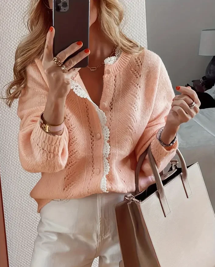 الخريف والشتاء أزياء أنيقة طويلة الأكمام الدانتيل خليط سترة محبوكة سترة W15 #2
