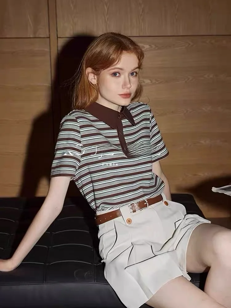 تي شيرت نسائي مخطط من Faionable Summer ort Sve Ne قاعدة irt Chic Retro Color Blo Rouje Sle Commute Simple...