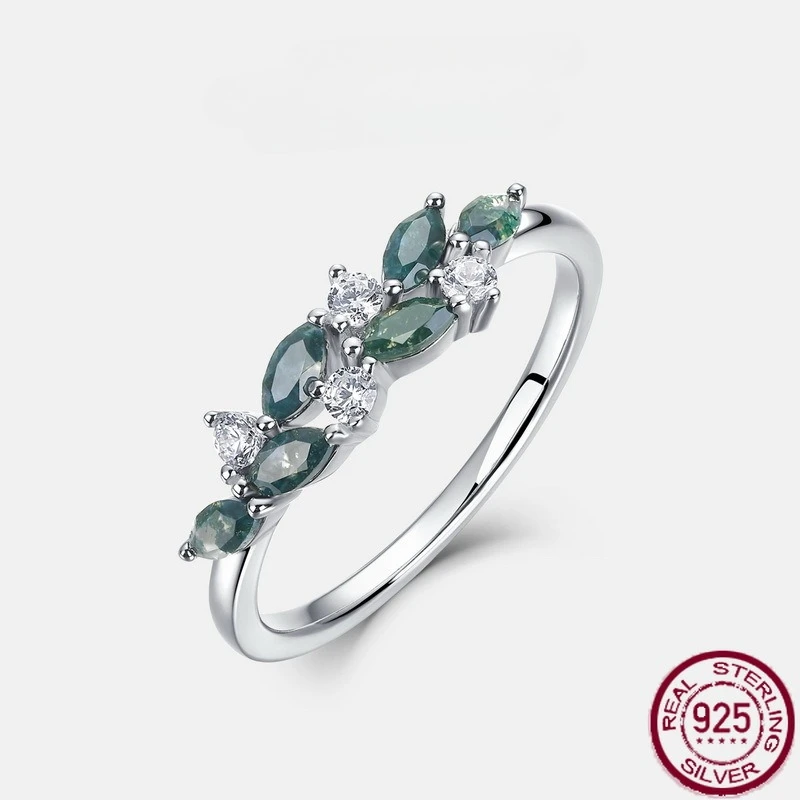 

New S925 pure silver small fresh geometric leaf green moss stone natural water grass agate ring simple wedding jewelry