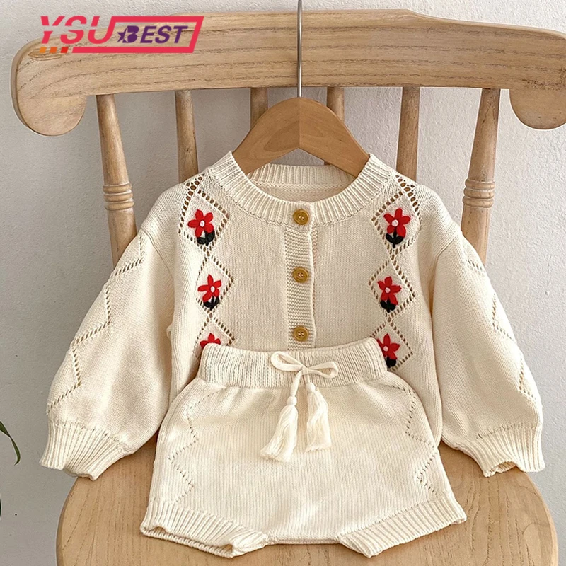 

New Baby Clothes Knit Sets Autumn Newborn Cotton Boy Girl Infant Clothing Cardigan+PP Shorts Knitted Sweater Baby Embroider Sets