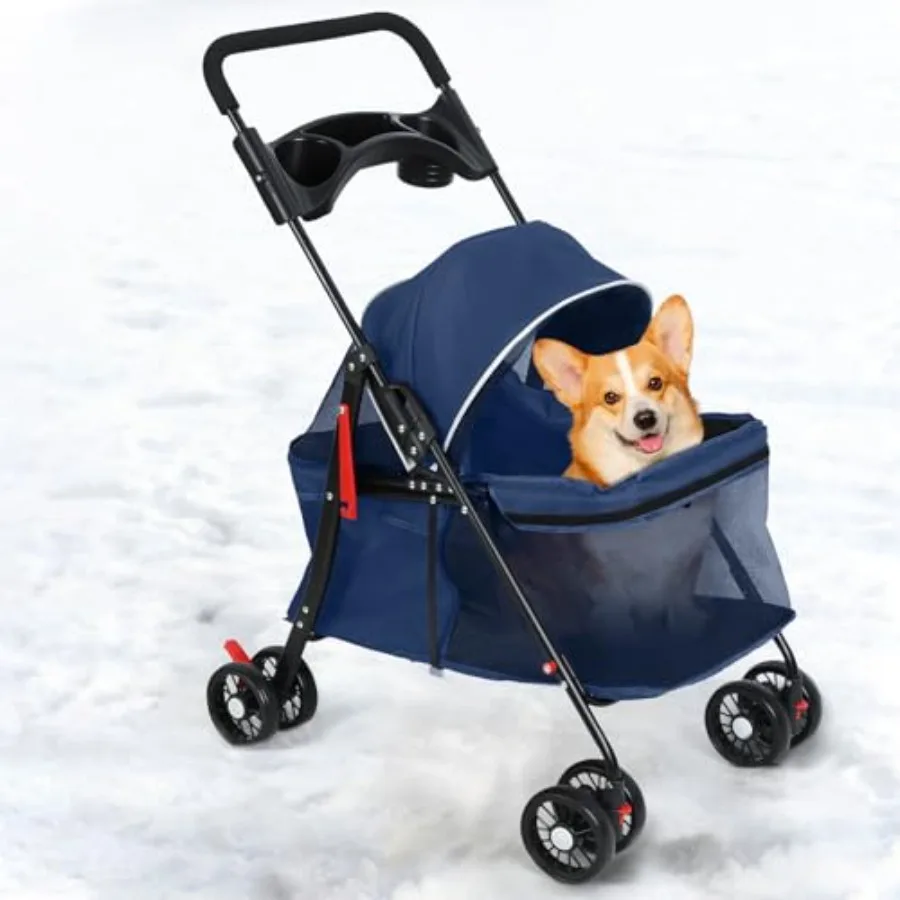 

4 Wheels Pet Stroller for Small/Medium Pets, Blue Polyester with Breathable Mesh, Foldable 3-in-1 Design Featuring Detachable C