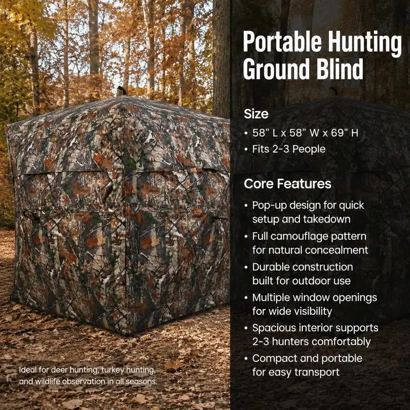 Tienda de campaña portátil de camuflaje para 4 personas, con visión de 360 grados unidireccional, de tela Oxford resistente a desgarros, con bolsa de transporte para camping al aire libre y observación de la vida silvestre.