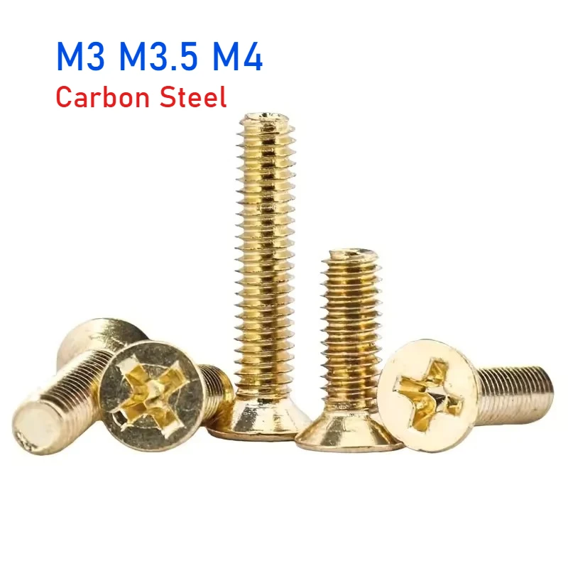 

M3 M3.5 M4 Carbon Steel Gold Plated Cross Recessed Phillips Flat Countersunk Head Screw Bolt Length 5mm 20mm