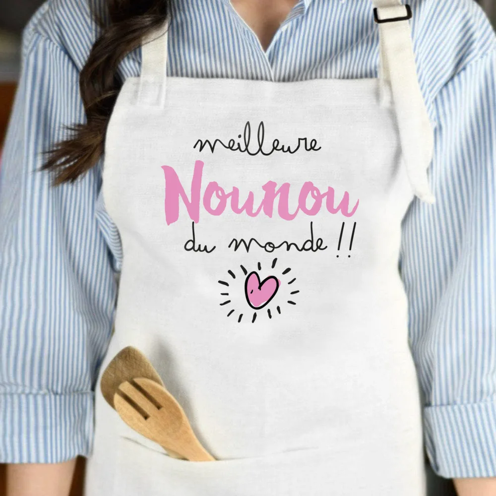 Best Nanny in The World French Print  Women Apron Mama Pocket for Cooking Baking Aprons Holiday Birthday Thanks Gift for Nounou