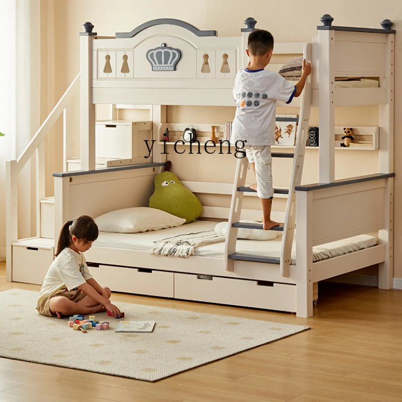 ZF Upper and Lower Bunk Bunk Bed Solid Wood Bed Children's Raised Guardrail up and down Combined Bed