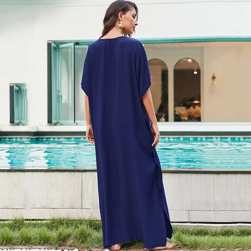 قفطان مطرز باللون الكحلي للنساء ، سترة للشاطئ ، غطاء للبيكيني ، ضمادات فضفاضة ، رقبة على شكل حرف V ، ملابس سباحة ، سترة رشيق ، ملابس شاطئ