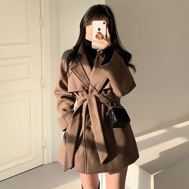 Vintage Tailored Coat Notched Wool & Blends Belt Waist Autumn 2025 Trench Jacket Women Top