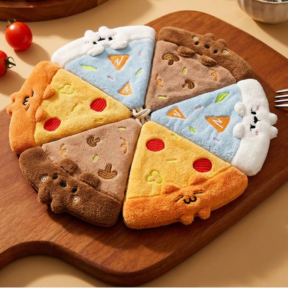Kawaii Cartoon Pizza Slice Hand Towel Coral Fleece Absorbent Hanging Handkerchief Cute Kitchen Bathroom Decor Gift for Friends