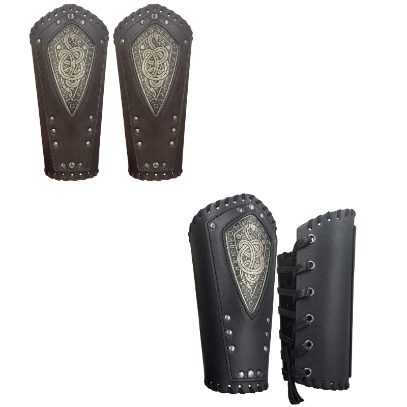 Adjustable Width Arm Bracers with Embossed Pattern Medieval PU Arm Bracers Halloween Wristband Role Play Wristband